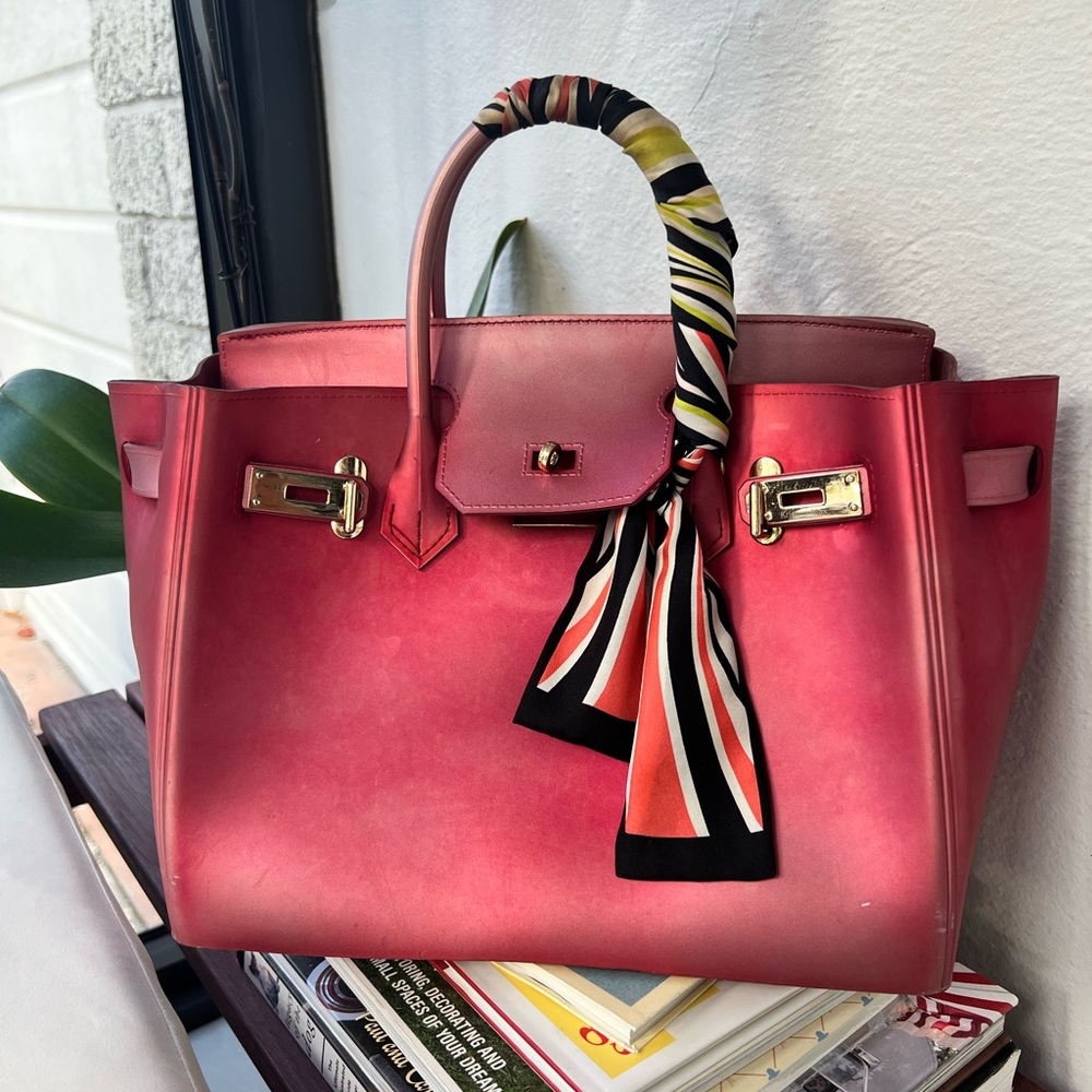 Kristina Mak Red Structured Leather Tote Bag with Scarf